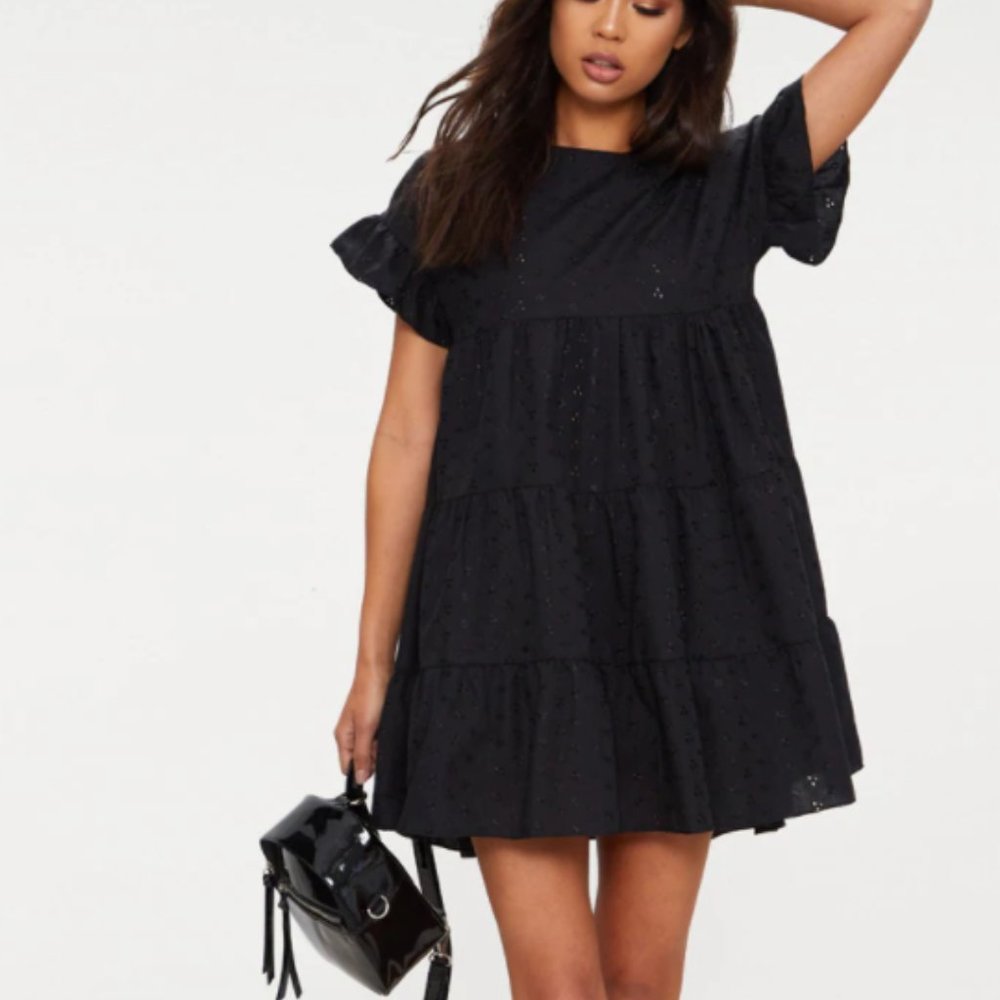 PLT Black Broderie Anglaise Smock Babydoll Dress